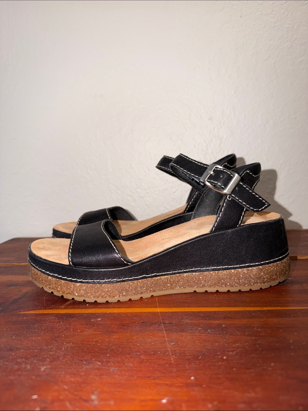 Clarks Kassanda Lily Black Leather Sandals Black Slingback Wedge